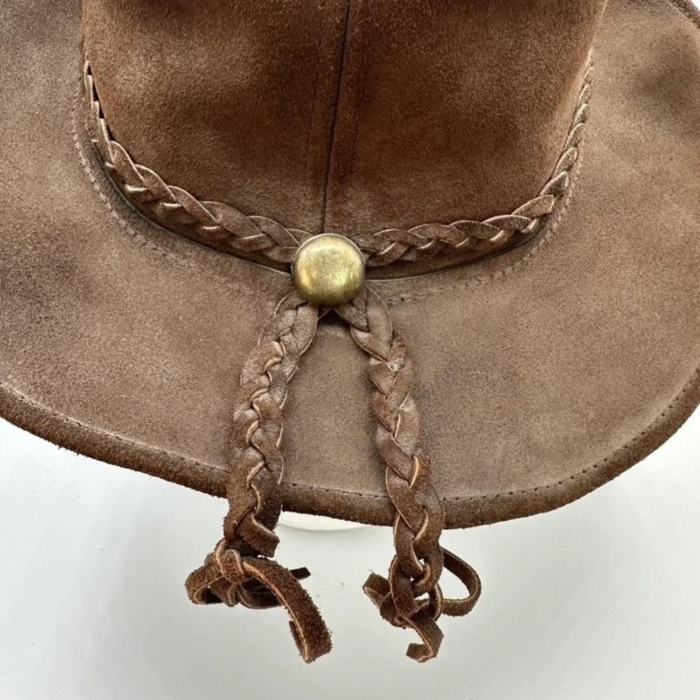 Genuine Leather Hat Cowboy Fitted Brown Suede Braid Band Concho Western Festival
